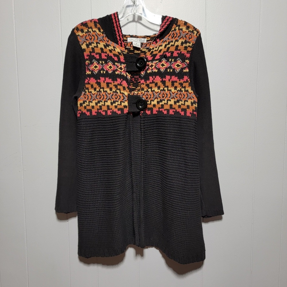 Y2K Vintage RXB Black Hooded Button‎ Front Cardigan Sweater Duster EUC